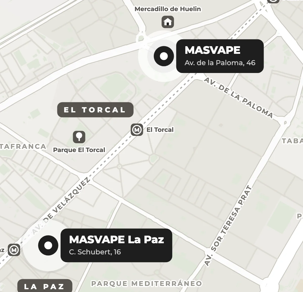 Mapa con las dos tiendas de MASVAPE y las paradas de metro El Torcal, Princesa-Huelin y La Luz-La Paz