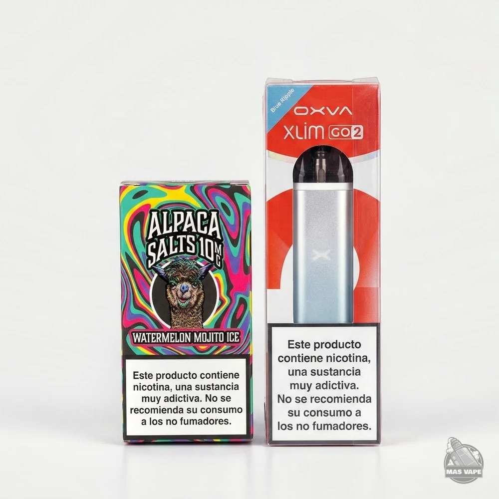 Imagen de la caja del OXVA XLIM GO 2 junto a unas sales Alpaca Salts