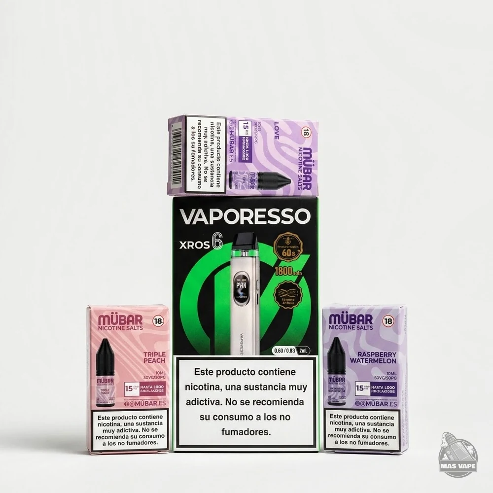 Imagen de la caja del Vaporesso XROS 6 rodeada de sales Mübar