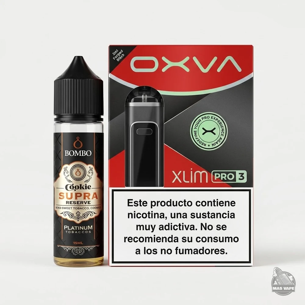 Imagen de la caja del OXVA XLIM Pro 3 junto a una botella de Bombo