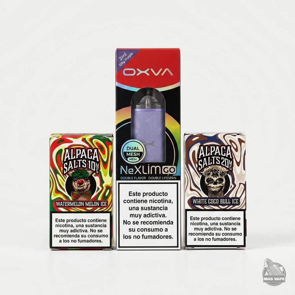 Imagen de la caja del OXVA NeXLim GO entre dos de Alpaca Salts