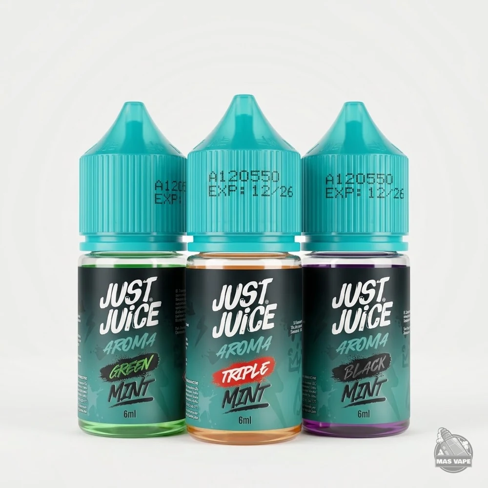 Imagen de tres botellas de Just Juice Aroma de la gama de mentas